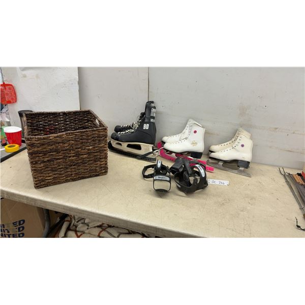 Ladies Figure Skates, Sz 4 and 7, Mens Skates, Sz 11, Wicker Basket, Devisys Ice Cleats