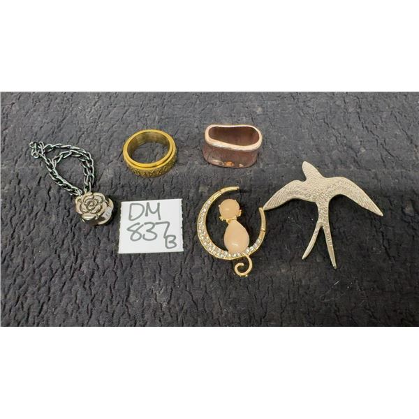2 Brooches: Gold-Tone Cat on Crescent Moon, Bird and Rose Magnetic Clip, Ring and copper oval