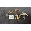 Image 1 : 2 Brooches: Gold-Tone Cat on Crescent Moon, Bird and Rose Magnetic Clip, Ring and copper oval