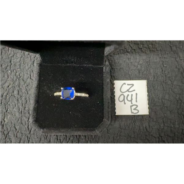Platinum Plated 1.5 Carat Cushion Cut Lab-Created Blue Sapphire Chanel Ring, Size 7