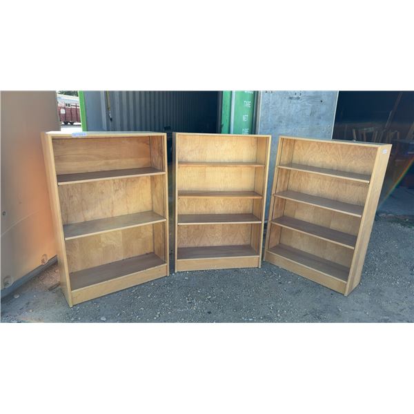 Three Light-Colored Plywood Bookshelves With Adjustable Shelves, 48 × 32 × 12”