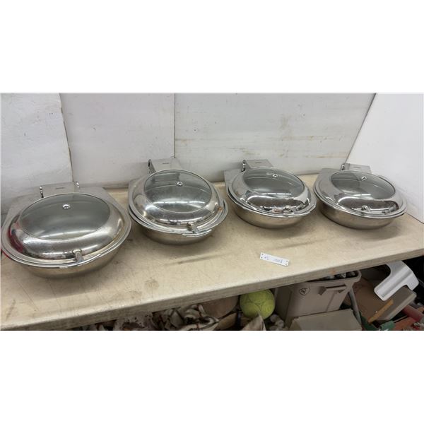 Four Spring Stainless Steel Oval Chafing Dishes with Hinged Glass Lids (1 Lid Hinge Needs
