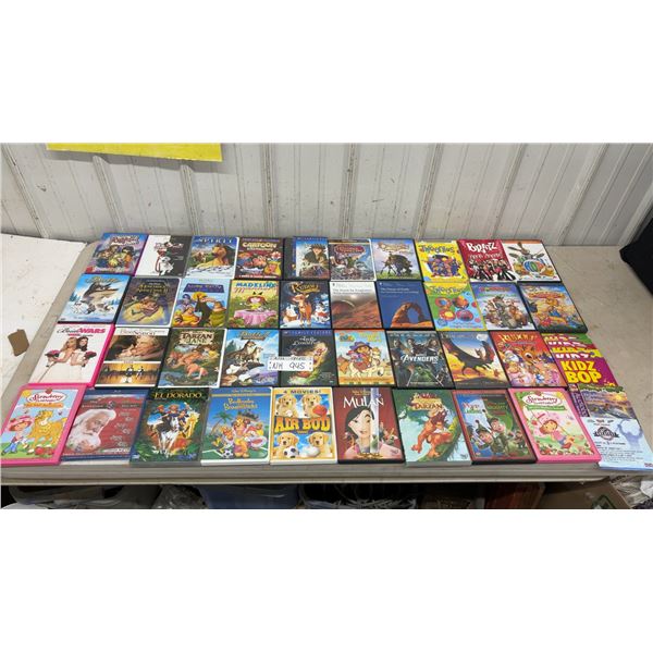 Large Collection of kids/family Movies, 5 Kidz Bop CD’s, NHL Greatest Collection Cd, and Dolphins