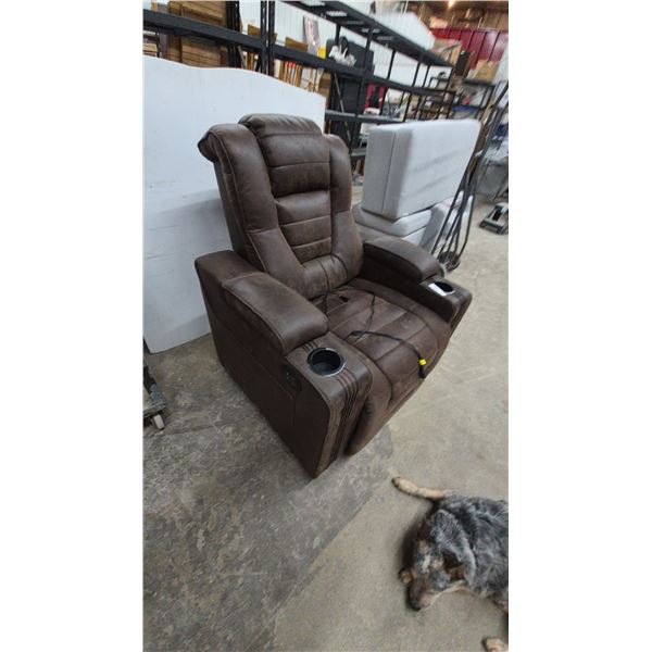 Brown Leather / Leather-Style Power Recliner with Cupholders and Remote
