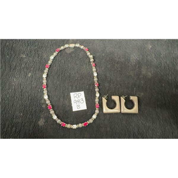 Birks Sterling Earrings, 16 Grams, and Vintage 925 Mexican Silver Necklace adorned with red onyx