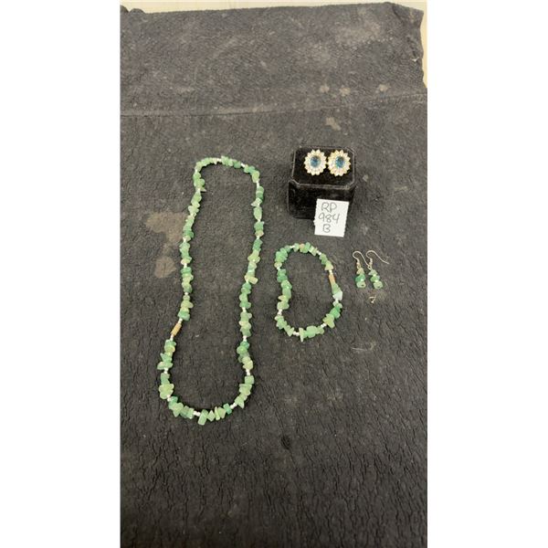 14k Gold Plates Cluster Earrings with faux Sapphire, and Jade Chip necklace with matching earrings