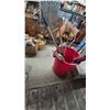Image 4 : Assorted Garden Tools: Rakes, Shovels, Spades, and Brushes in Red Bucket