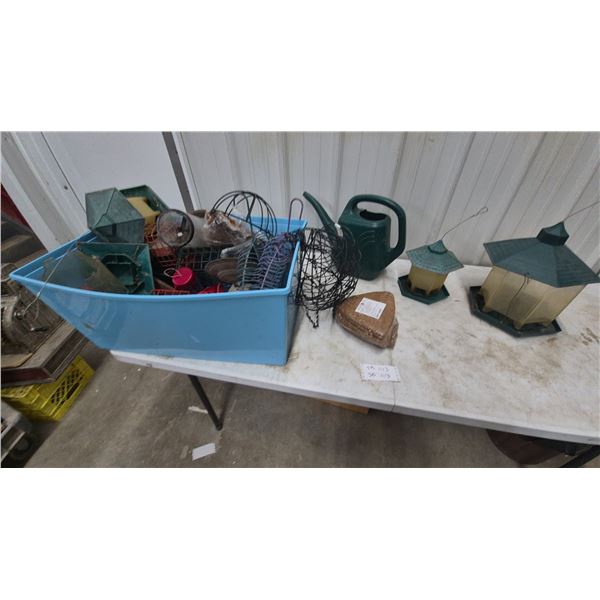 Assorted Bird Feeders, Watering Can, and Wire Baskets