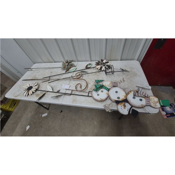 Metal Garden Stakes: 3 Flower Stakes, 3 Snowman Stakes, and 1 Scroll Stake