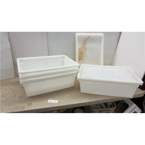 Four White Rectangular Plastic Storage Containers with Lids, 9 × 24 × 16”