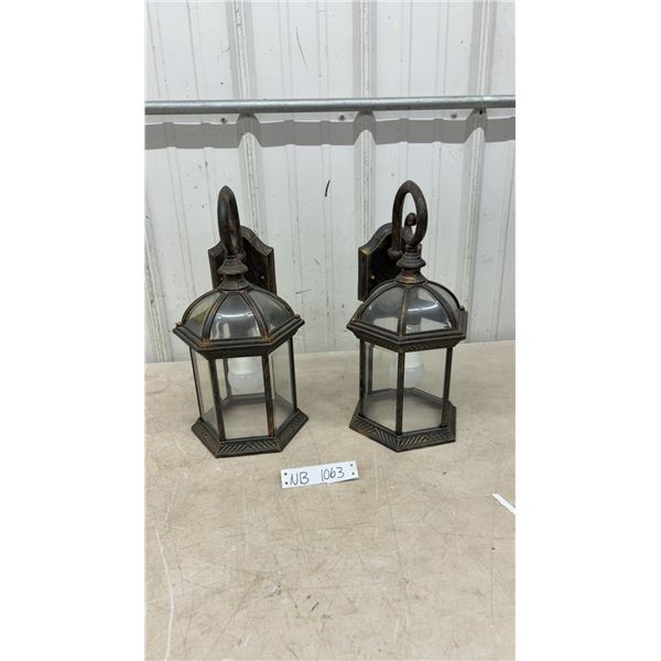 Pair of Outdoor Wall Lantern Sconces, Distressed Bronze, Hexagonal Glass