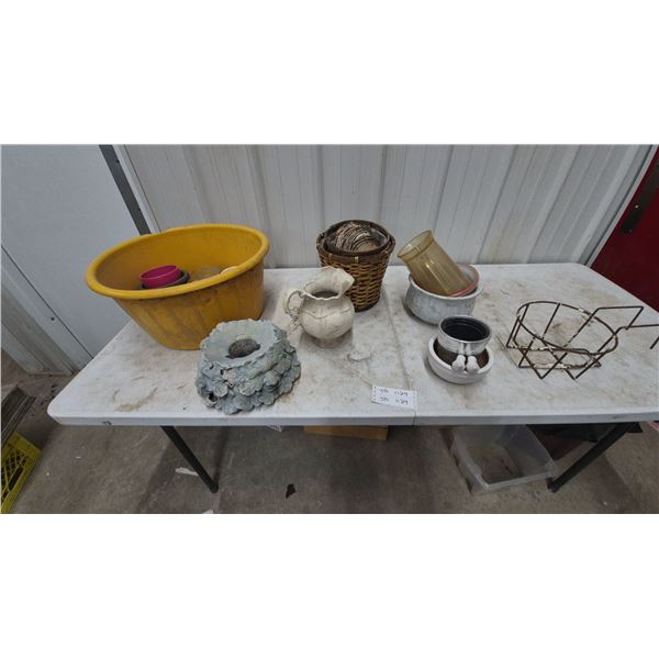Assorted Planters and Decor: Large Yellow Tub, Green Man Planter, Pitcher, Baskets