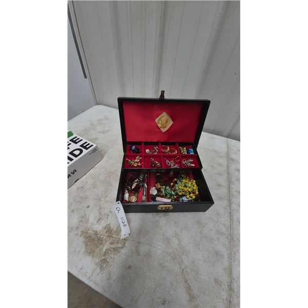 Black and Red Jewelry Box with Gold-Tone Earrings, Rings, Brooches, Watches