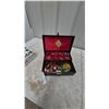 Image 1 : Black and Red Jewelry Box with Gold-Tone Earrings, Rings, Brooches, Watches