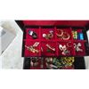 Image 2 : Black and Red Jewelry Box with Gold-Tone Earrings, Rings, Brooches, Watches