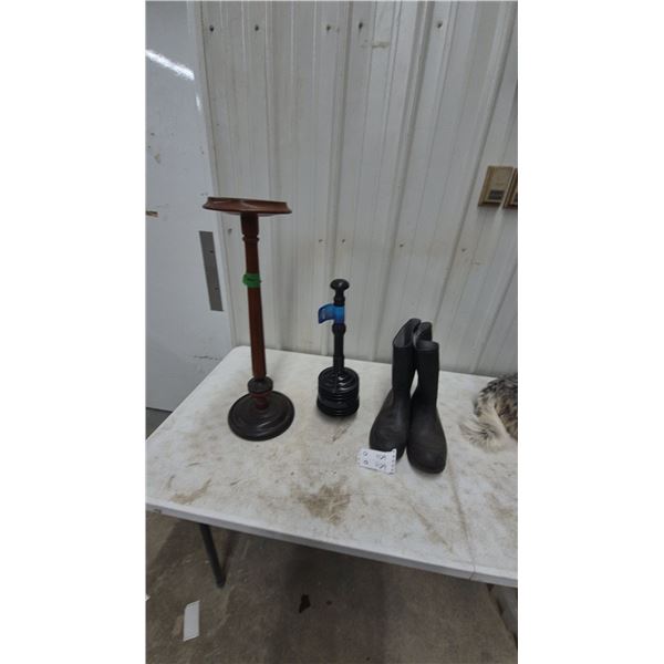 Wooden Pedestal Ashtray Stand, Plunger, and Rubber Boots, Size 13