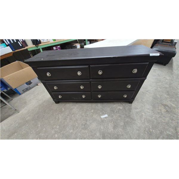 Dark Brown Six-Drawer Dresser with Silver Knobs and More. 33”×58”×16”