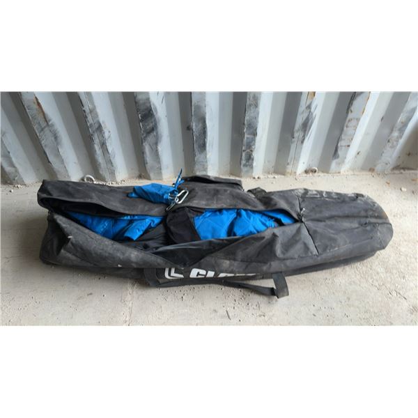 Clam Ice Fishing Shelter and Bag, Blue and Black Fabric, Metal Stakes and Hooks
