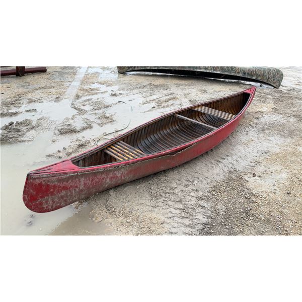 14ft Red, Wood and Canvas Canoe, 2 Wood Seats, and Bow Ring