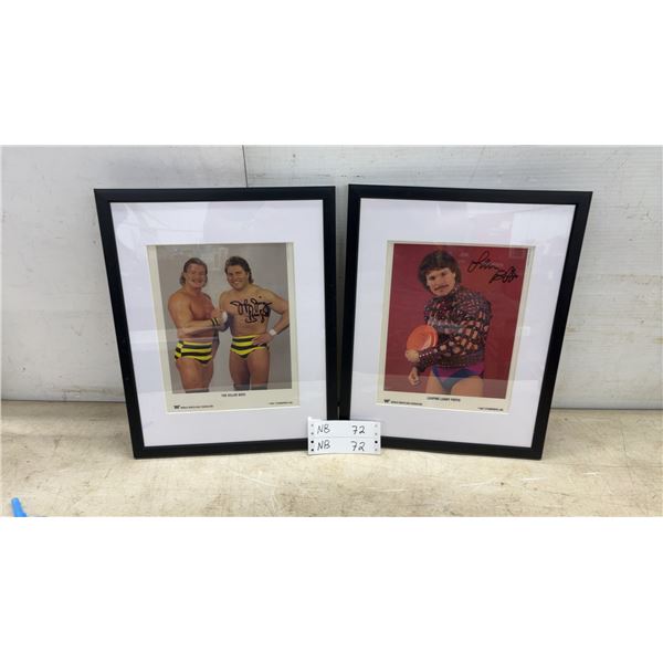 Two 15 × 12 Framed 1987 WWF Autographed Photos: The Killer Bees and Leaping Lanny Poffo