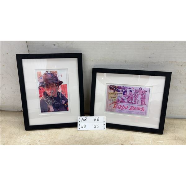 Signed  Bikini Beach  Movie Poster and Signed Firefighter Photo, Both Framed 11 × 9