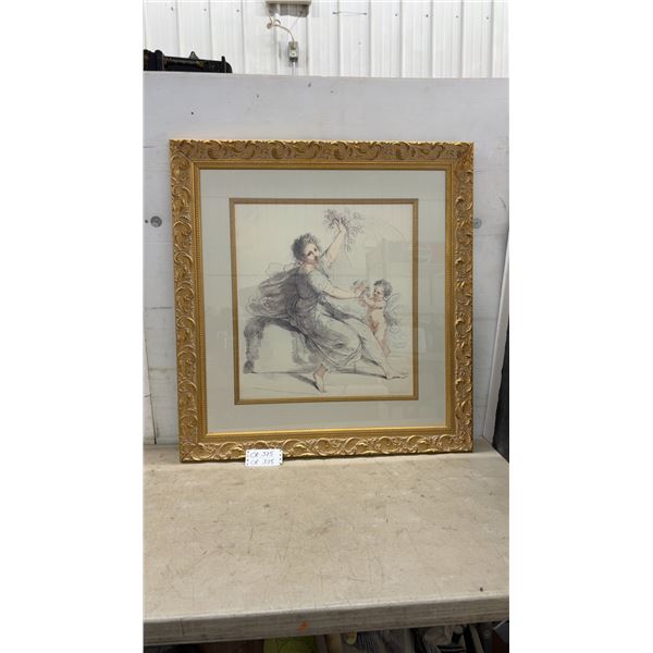 Framed Antique Stipple Engraving by Francesco Bartolozzi, Woman with Cherub, Ornate Gold Frame