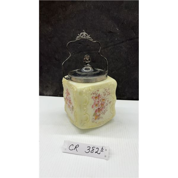 Vintage Wave craft Custard Glass Biscuit Jar with Silver-Plated Lid and Handle, Hand-Painted