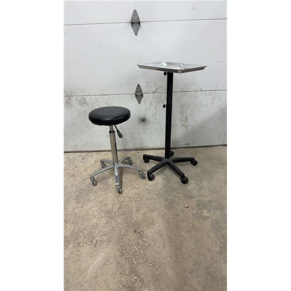 Adjustable Rolling Utility Tray Stand with Stainless Steel Tray and Pneumatic Rolling Stool