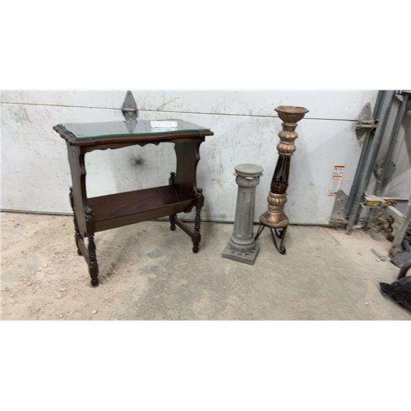 Wood Accent Table With Glass Top, 24 × 23 × 13” Ornate Bronze Candle Holder, Grey Pedestal