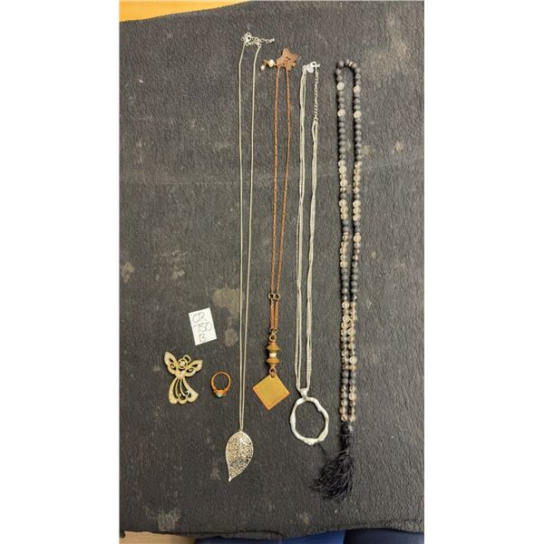 Handmade Wire-Wrapped Copper Ring, Angel Broach, and 4 Necklaces