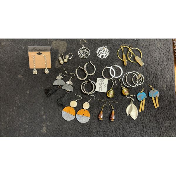 Assorted Earrings Including Michaelangelo Rhinestone and Pearl Dangles, Hoops, Wood Drops