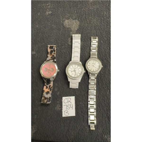 3 Fossil Wristwatches, Tortoise Resin Band, White Resin Band, and Stainless Steel Band