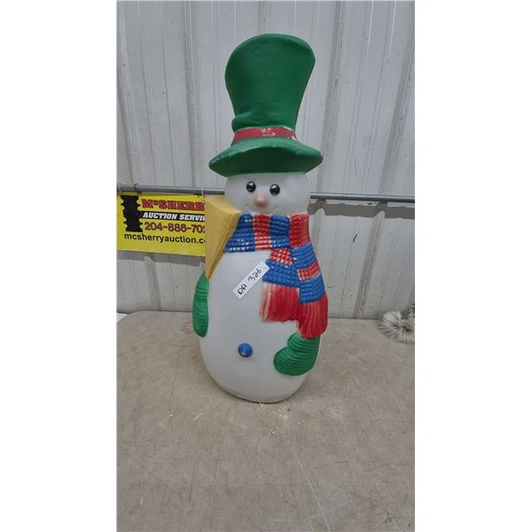 Snowman Blow Mold with Green Top Hat and Scarf, Yellow Broom, 31” tall