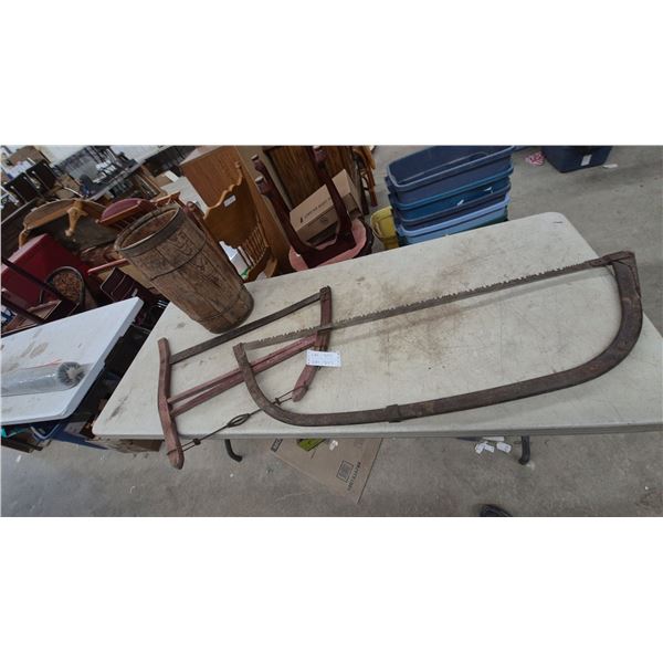 Vintage Wood Barrel and Two-Man Crosscut Saw, Bow Saw