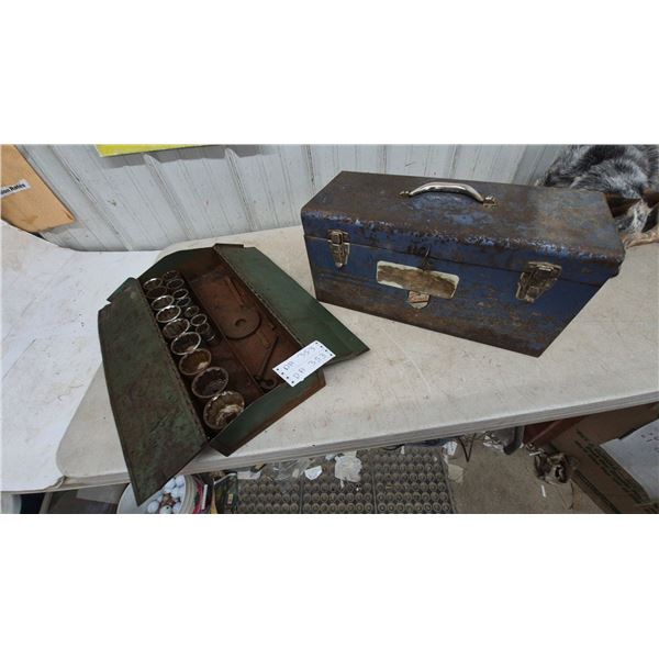 Vintage Blue Metal Toolbox and Green Metal Socket Set Box with Sockets