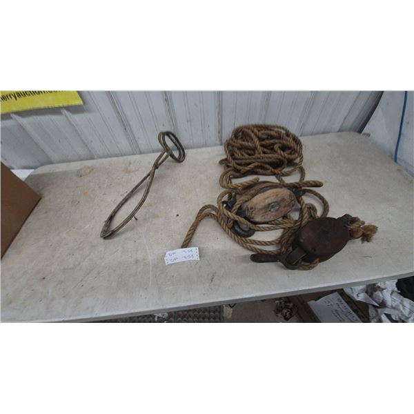 Vintage Rope and Pulley System with Two Wood and Metal Pulleys, and Metal Tongs
