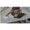 Image 2 : Vintage Rope and Pulley System with Two Wood and Metal Pulleys, and Metal Tongs