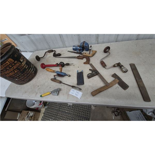 Vintage Hand Tools: Brace Drills, Hand Saws, Vise, Combination Square