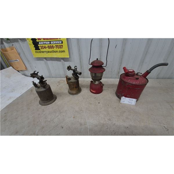 Vintage Coleman model 200 Lantern, 2 Blow Torches, and Red Gas Can with Spout