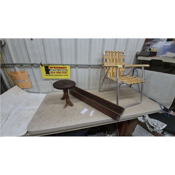 Vintage Folding Lawn Chair, Small stand, and Long copper Planter