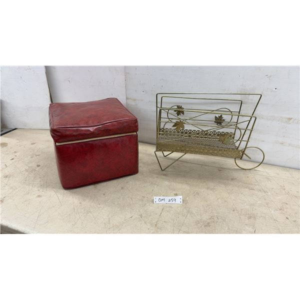 Vintage Red Faux Leather Storage Ottoman and Mid-Century Brass Magazine Rack With Leaf Accents