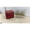 Image 1 : Vintage Red Faux Leather Storage Ottoman and Mid-Century Brass Magazine Rack With Leaf Accents