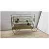 Image 2 : Vintage Red Faux Leather Storage Ottoman and Mid-Century Brass Magazine Rack With Leaf Accents