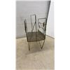 Image 3 : Vintage Red Faux Leather Storage Ottoman and Mid-Century Brass Magazine Rack With Leaf Accents
