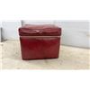 Image 5 : Vintage Red Faux Leather Storage Ottoman and Mid-Century Brass Magazine Rack With Leaf Accents