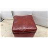 Image 6 : Vintage Red Faux Leather Storage Ottoman and Mid-Century Brass Magazine Rack With Leaf Accents