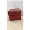 Image 7 : Vintage Red Faux Leather Storage Ottoman and Mid-Century Brass Magazine Rack With Leaf Accents