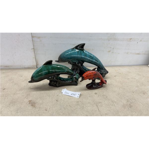 Three Blue Mountain Pottery Dolphin Figurines, Collingwood Canada, Largest 9 3/4 × 16 /2”