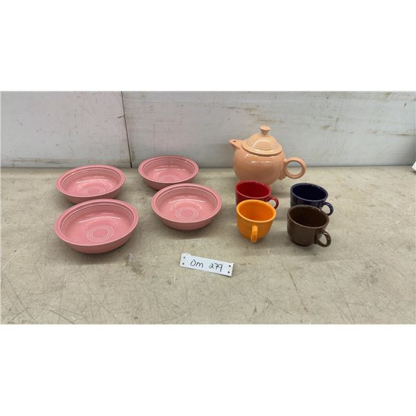Fiestaware Homer Laughlin Pink Bowls, Peach Teapot, and Multicolor Mugs, 10 Pieces