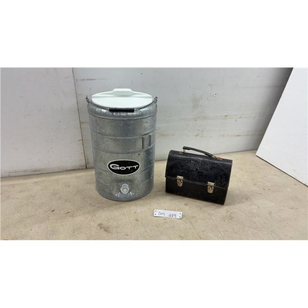 Vintage Gott Manufacturing Co. Galvanized Water Cooler No. 580 and Metal Lunch Box